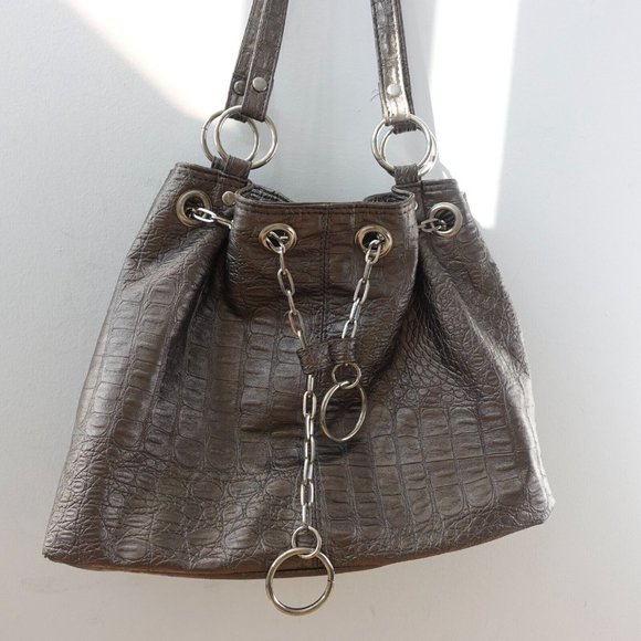 Crocodile Bag Leather Shoulder Gray Bucket Purse Embossed Studded Exotic Faux - Picture 2 of 15